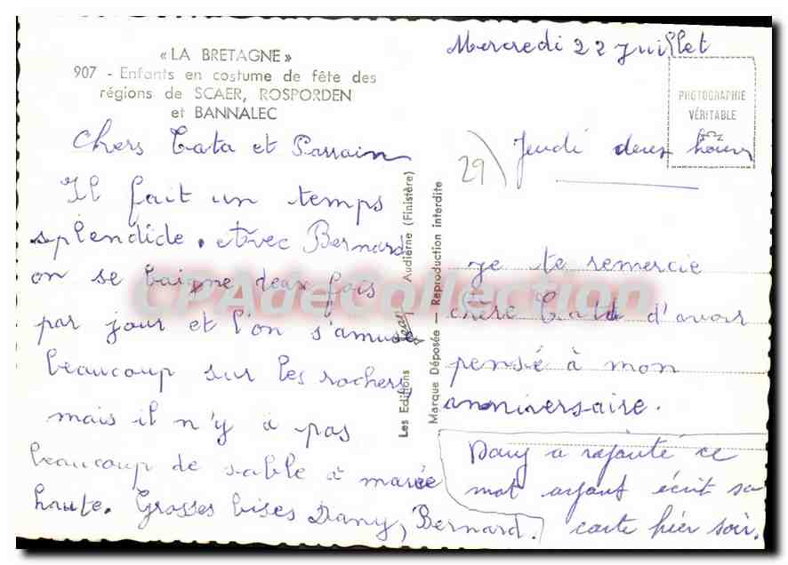 CPSM La Bretagne Enfants En Costume De Fete Scaer Rosporden Et Bannalec — Verso