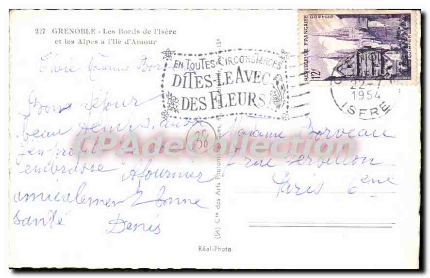 Les Bords de l'Isère et les Alpes à l'Île d'Amour — Grenoble — éditeur Réal-Photo, n°227 — Verso