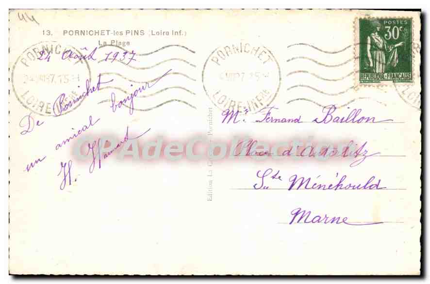 CPA Pornichet Les Pins La Plage — Rückseite