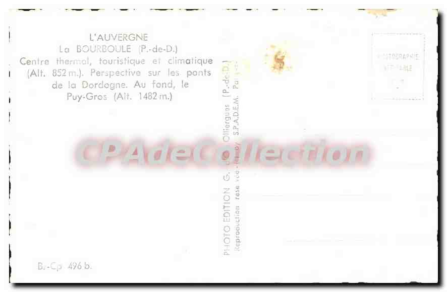 La Bourboule — Centre thermal, touristique et climatique — Édition G. de Ollierguas, n° 496 b — Verso
