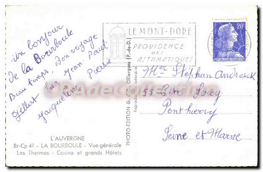 Les Thermes de La Bourboule — Vue générale — L'Auvergne, éditeur G. de Olliergues — Verso