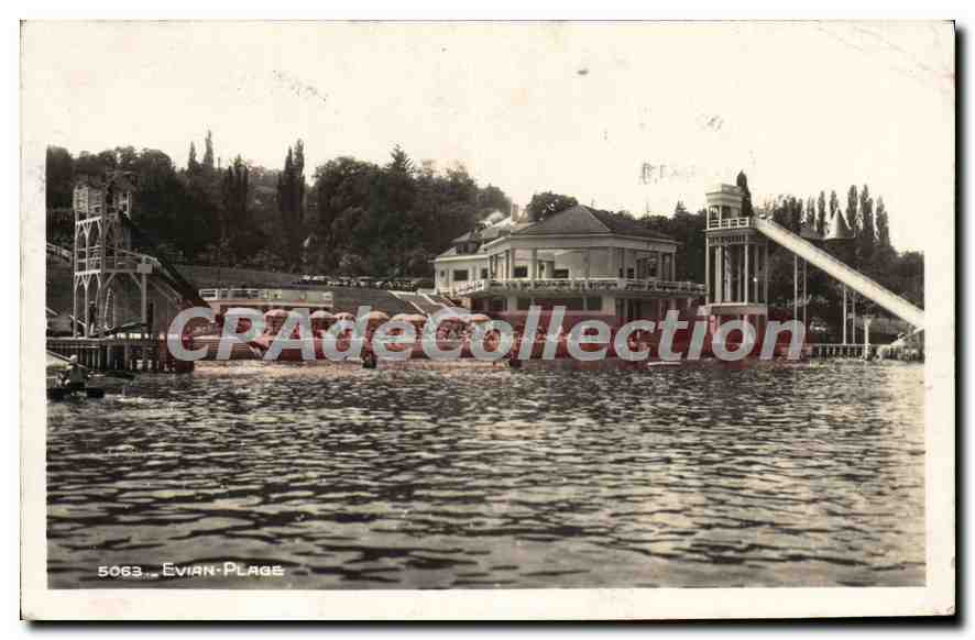 Evian-Plage — vue du parc aquatique avec toboggan et bâtiment — CPAdeCollection n°5063