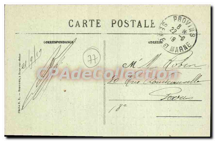Provins (S.-et-M.) — Les Fortifications du XIIIe siècle — Vue intérieure de la Poterne Faneron avec son escalier de ronde, ses créneaux et son pas de souris restaurés par les Beaux-Arts en 1911. — Verso