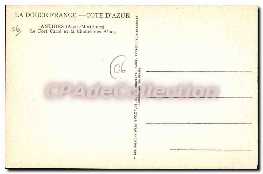 Antibes — Le Fort Carré et la Chaîne des Alpes — Éditions d'Art Yvon — Verso