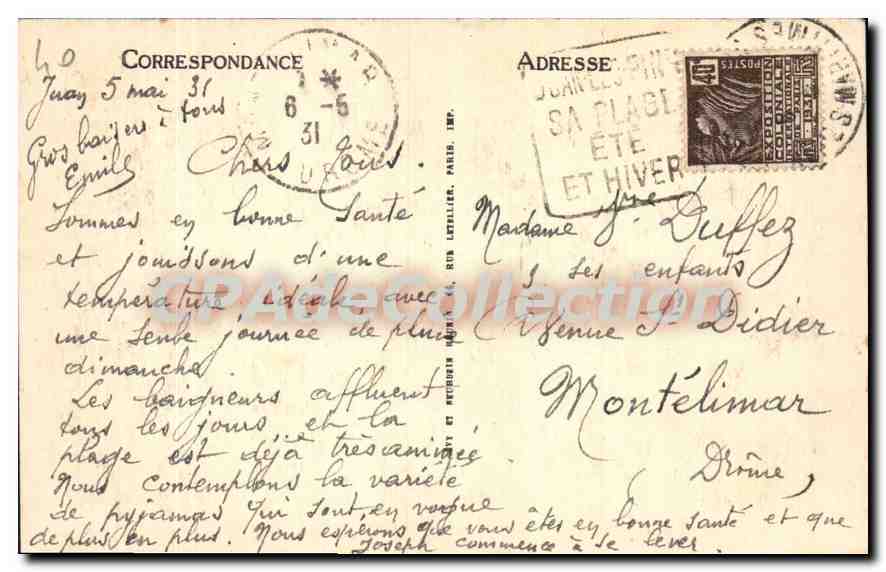 Plage de Sa Plage et Hiver — Correspondance — Éditeur : Sub. Lattelier, Paris — Verso