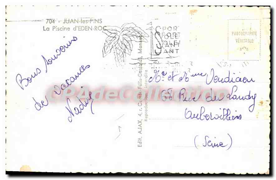 La Piscine d'EDEN-ROC — Juan-les-Pins — Édit. AJAX, 4, r. Camb. Félix-Cassidy, Monaco — Verso