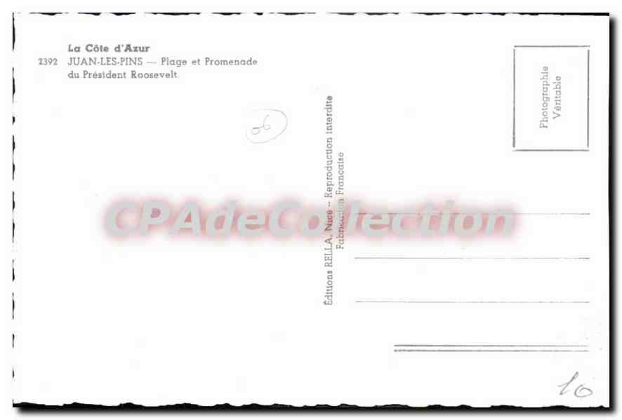 Juan-les-Pins — Playa y Promenade del Presidente Roosevelt — Ediciones Rella — Reverso