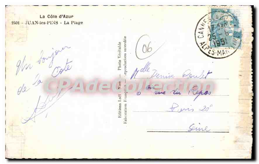 La Costa Azul — Juan-les-Pins — La Playa — Ediciones Francesas — Reverso