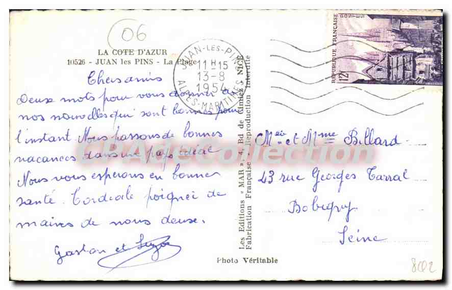 Vue de Juan-les-Pins — plage et voiliers — Éditions MAR à Juan-les-Pins, n°06 — Verso
