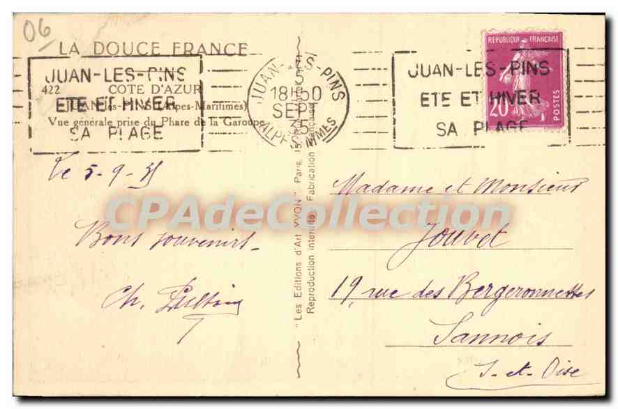 Vue générale du Phare de la Garoupe — Juan-les-Pins — Éd. d'Art VVON — Verso