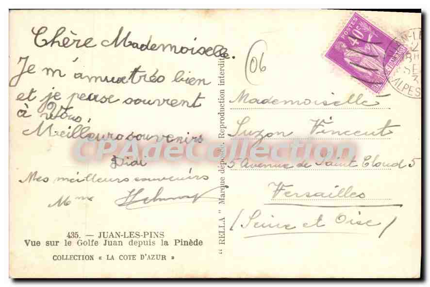 Vue sur le Golfe Juan depuis la Pinède — RELLA — Collection 'La Côte d'Azur' n°435 — Verso
