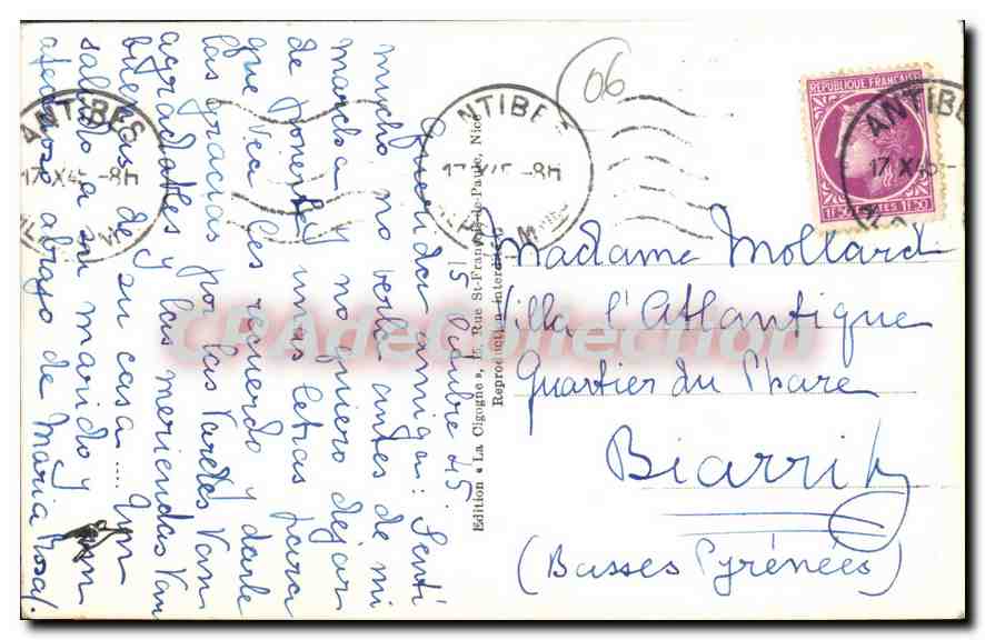 Juan-les-Pins — Vue d'ensemble de la Plage — Édition La Cigogne — Verso