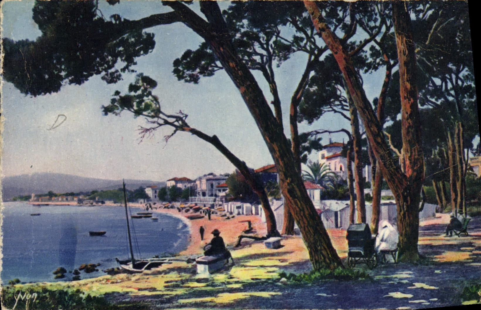 Juan-les-Pins — La plage vue à travers les pins — Les Éditions d'Art Yvon, Paris