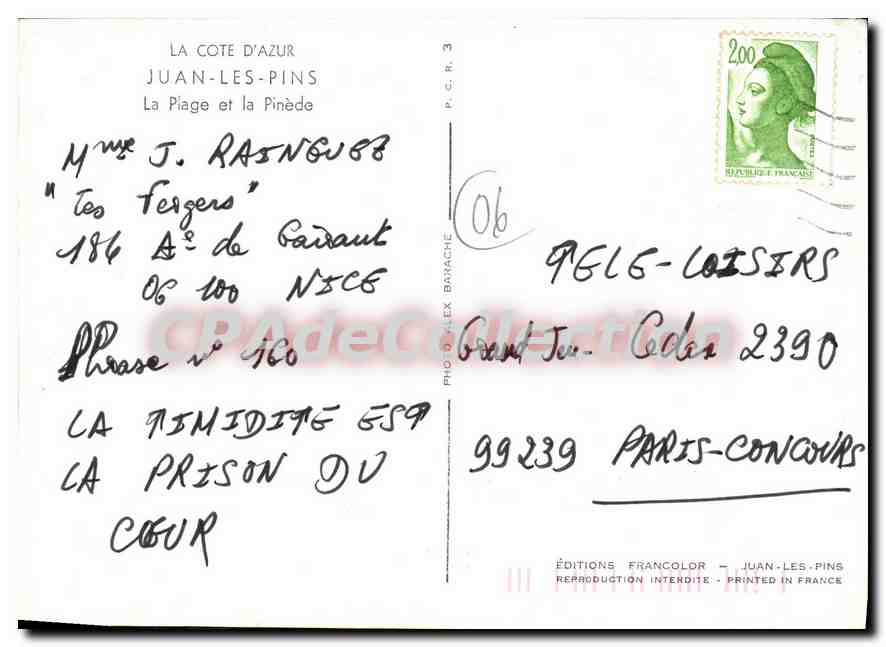 Plage de Juan-les-Pins — vue de la pinède — Éditions Francolor, série P.C.R. 3 — Verso