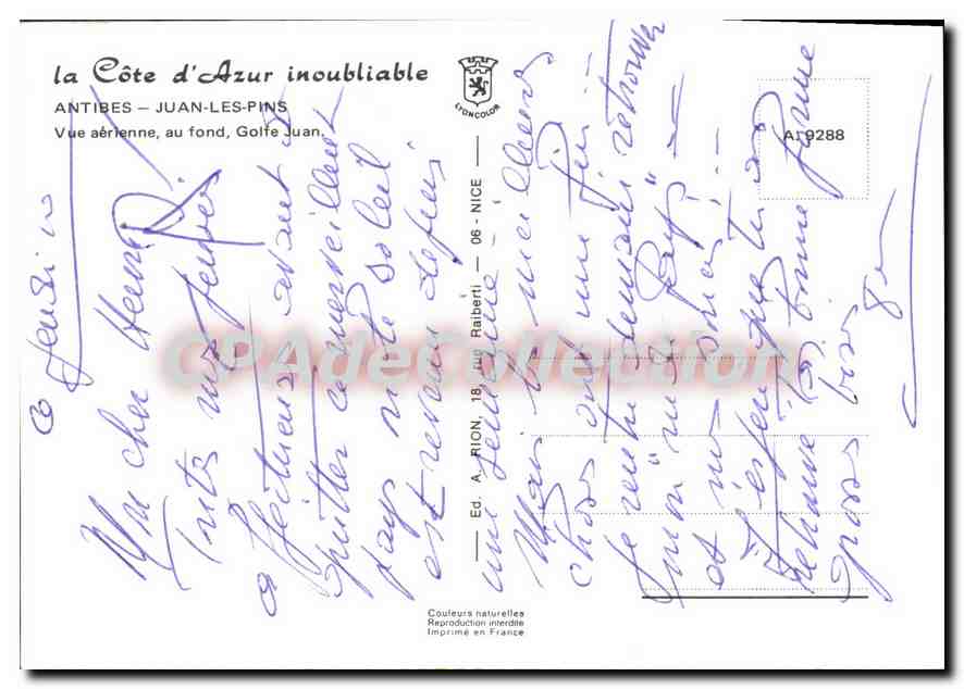 Antibes - Juan-les-Pins — Vue aérienne, au fond Golfe Juan — Éd. A. Rion, n° 9288 — Verso