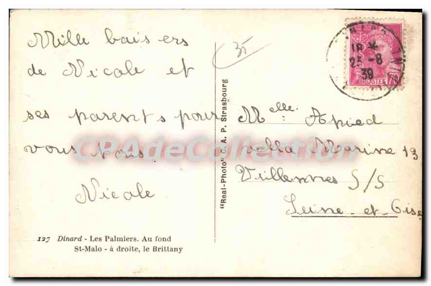 Dinard - Les Palmiers — Au fond St-Malo à droite, le Brittany — éditeur C.A.P. Strasbourg, n°127 — Verso