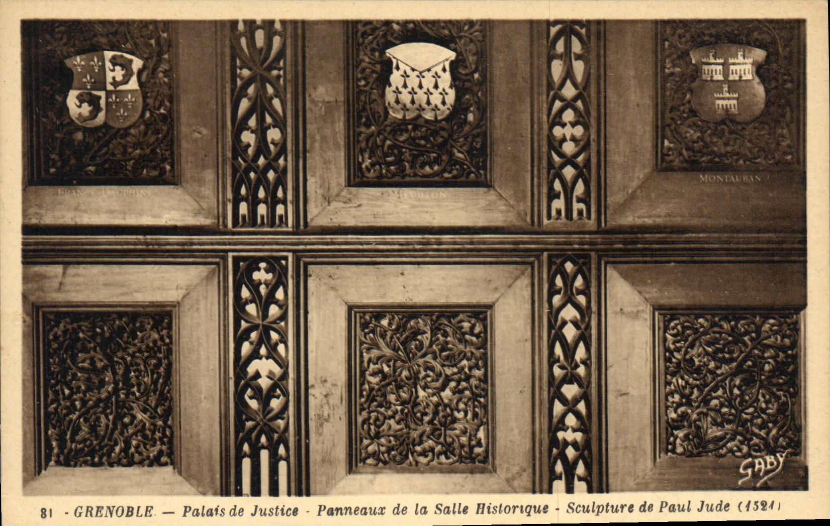 Grenoble — Palais de Justice — Panneaux de la Salle Historique — Sculpture de Paul Jude (1524)