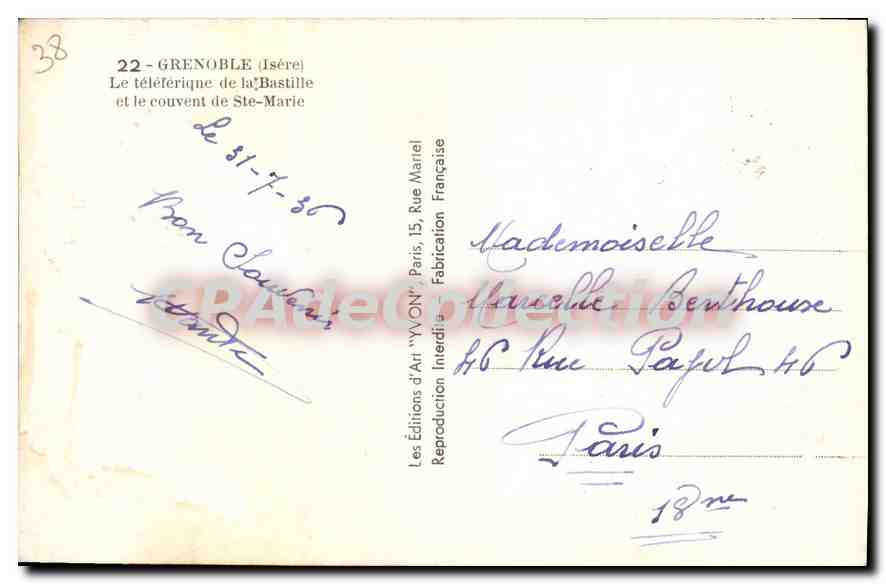 Grenoble (Isère) — Le téléphérique de la Bastille et le couvent de Ste-Marie — Les Éditions d'Art 'YVON' — Verso