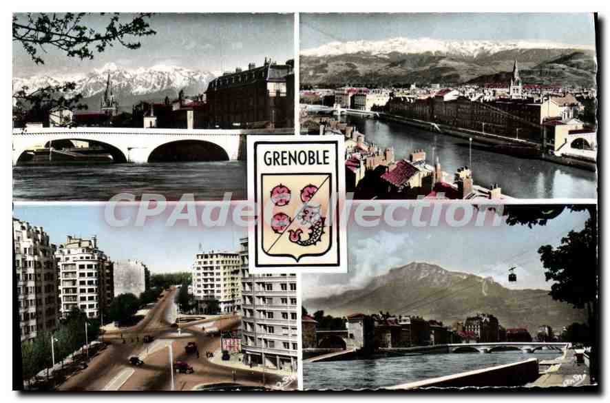 Grenoble — Allgemeiner Blick mit Brücke Marius Gontard, Kette von Bulledonne, Seilbahn und Boulevards — Édition d'Art André