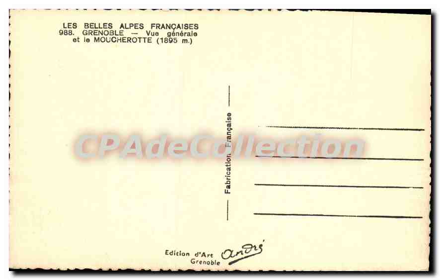 Grenoble — Vue générale et le Moucherotte (1895 m.) — Édition d'Art Grenoble, n° 988 — Verso
