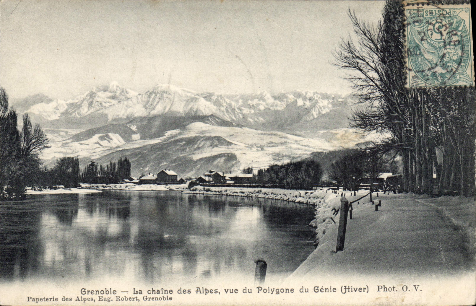 Grenoble — La chaîne des Alpes, vue du Polygone du Génie (Hiver) — Papeterie des Alpes, Eug. Robert, Grenoble