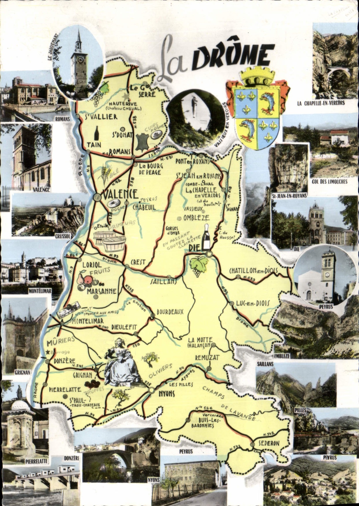 La Drôme — Touristische Postkarte mit Karte und Fotos von Orten — Drucker Macon