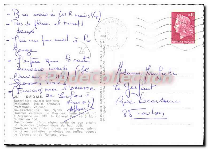 La Drôme — Touristische Postkarte mit Karte und Fotos von Orten — Drucker Macon — Rückseite