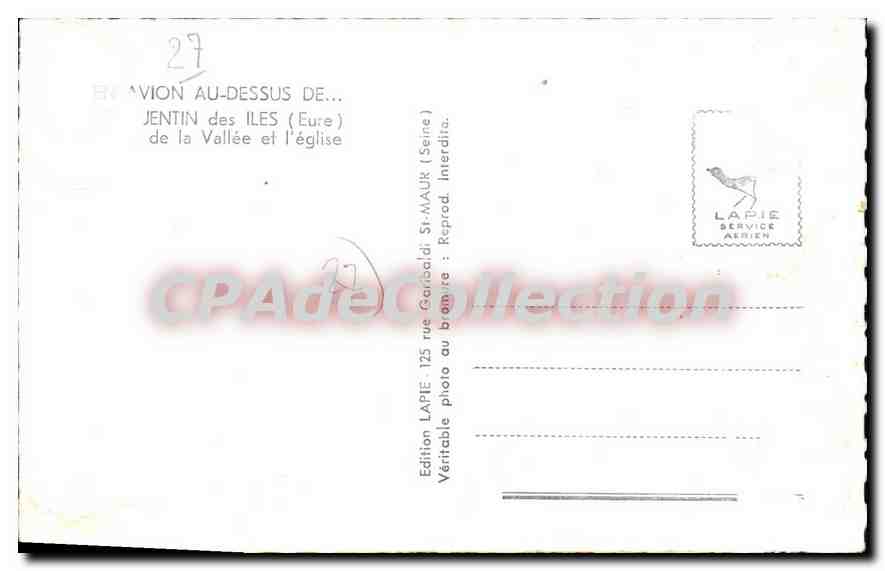 Jentin-des-Iles (Eure) — vue aérienne de la vallée et de l'église — Edition Lapie Service Aérien — Verso