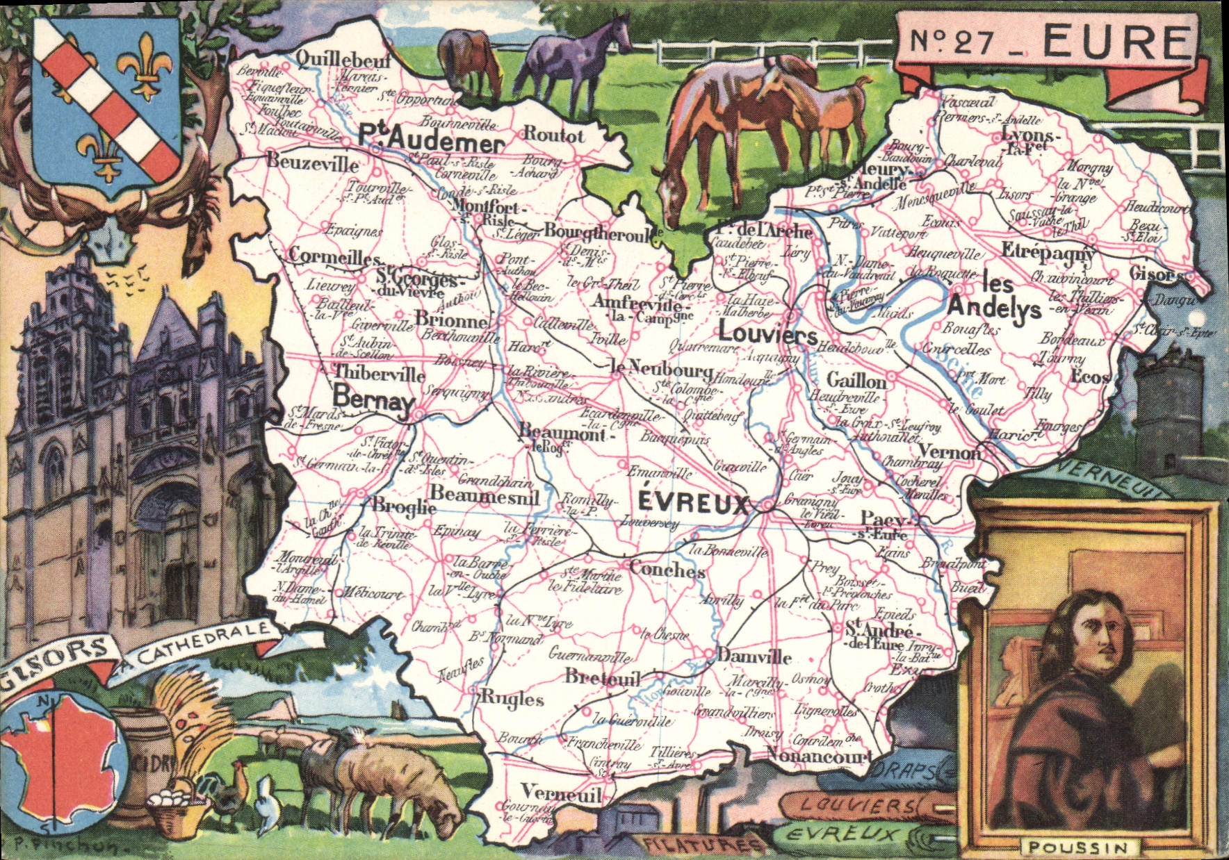 Eure — Carte postale illustrée avec carte, éditeur P. Pinchon, n°27