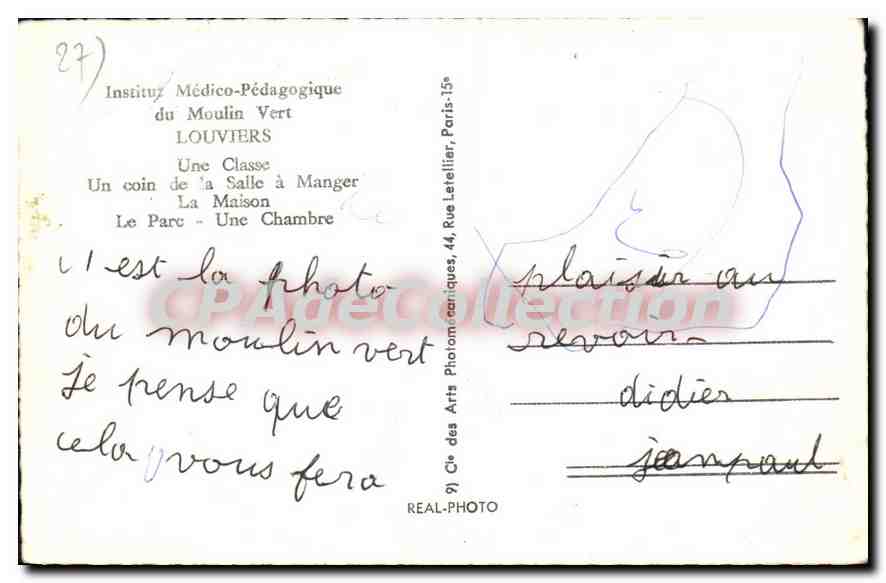 Institut Médico-Pédagogique du Moulin Vert — Louviers — Cie des Arts Photomécaniques — Verso
