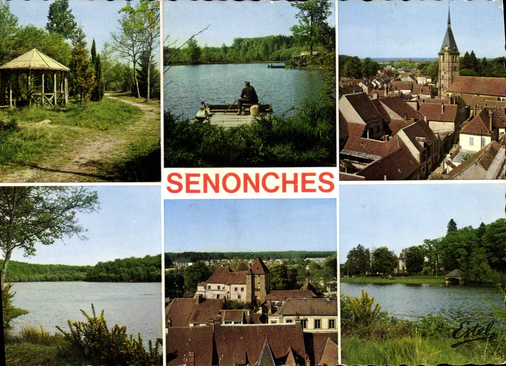 Senonches — vue panoramique avec étang, église et château — Éditeur Estel