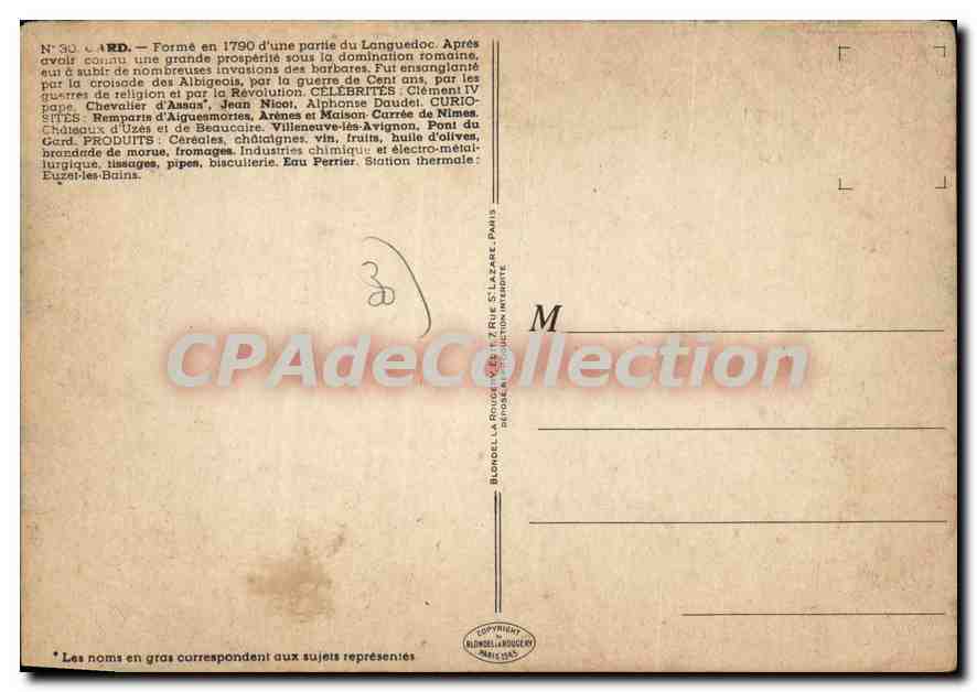Gard — Carte historique et touristique — Éditeur : Blin & Cie, Paris, n°30 — Rückseite