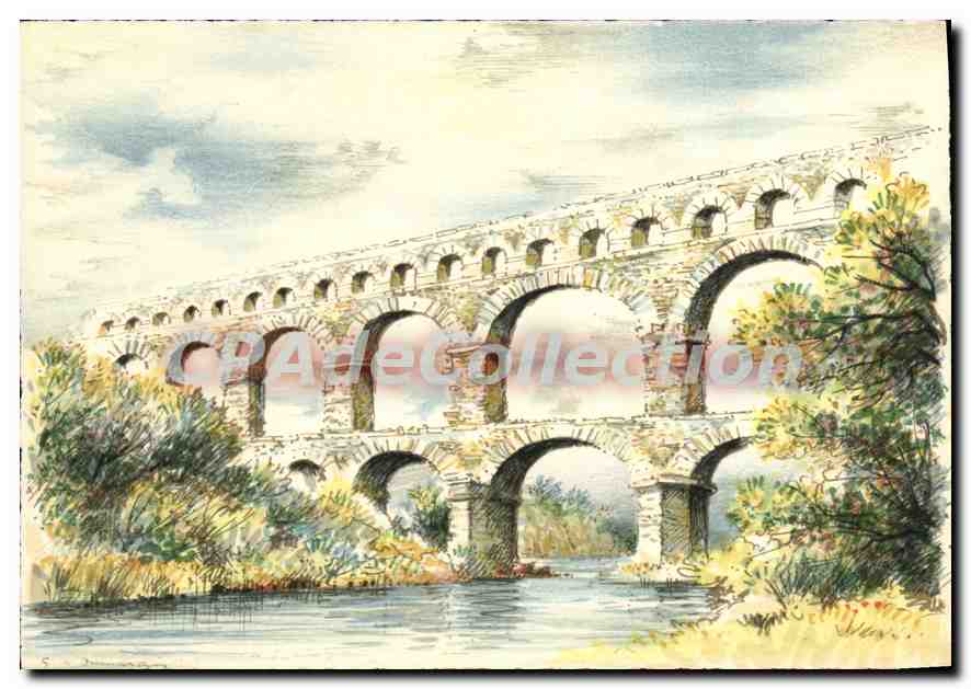 Nîmes - Le Pont du Gard — dessin à l'aquarelle — éditeur N. Bercé & J. Dorez