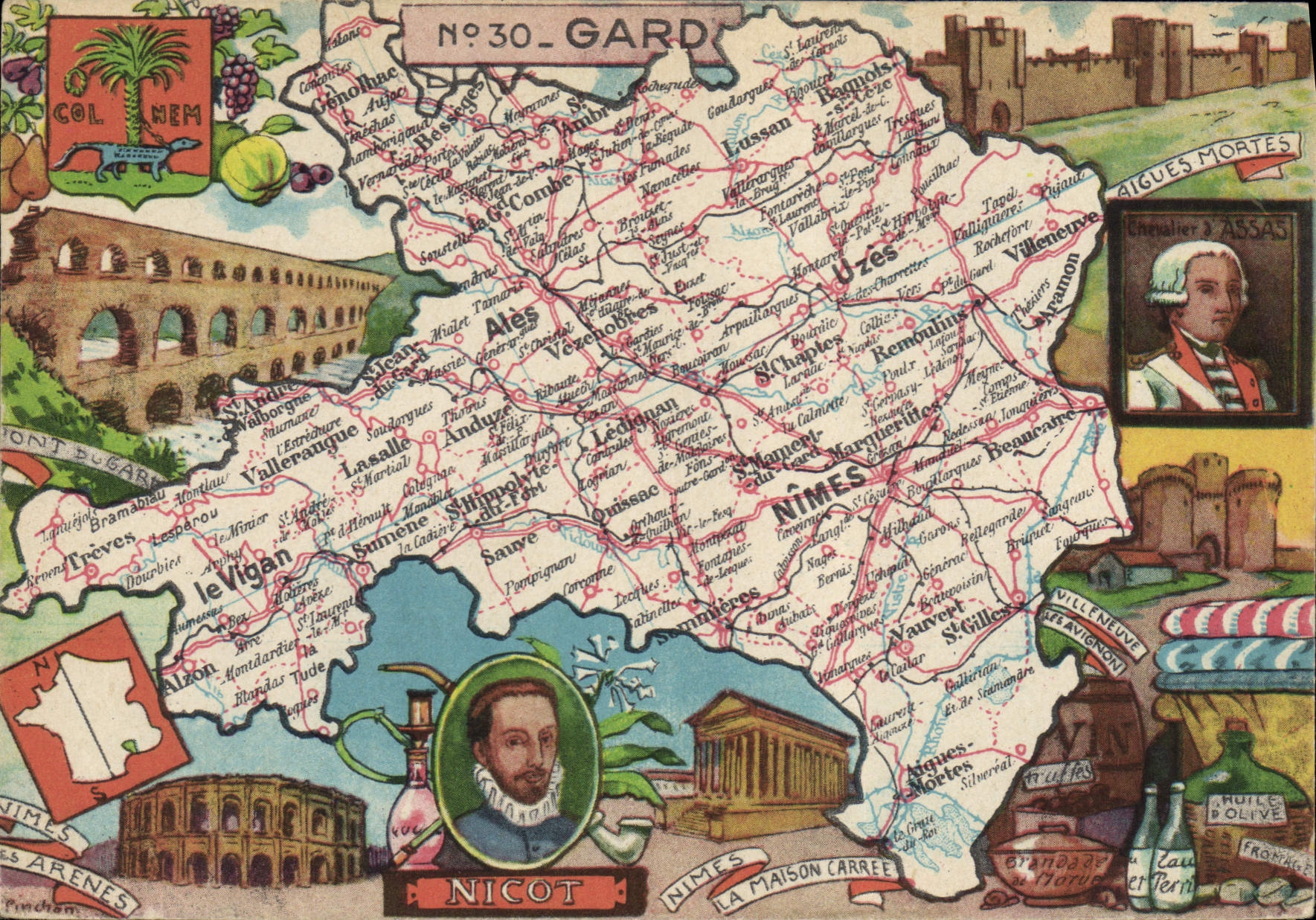 Gard — Carte postale illustrée avec carte du département et sites touristiques — Éditeur : Richard-Léonard & Cie, Paris, n°30