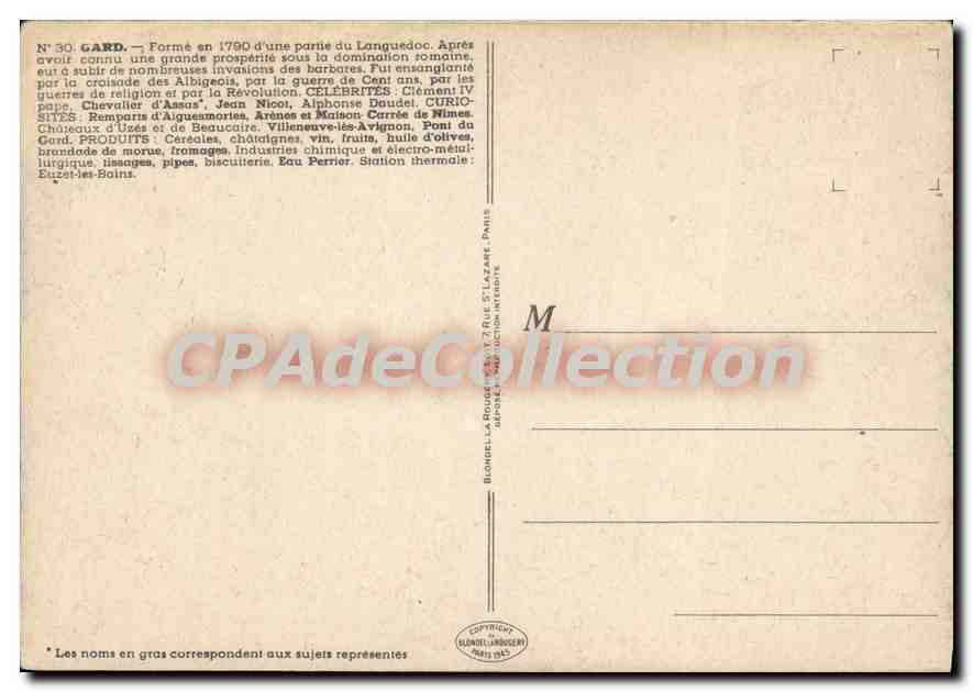 Gard — Carte postale illustrée avec carte du département et sites touristiques — Éditeur : Richard-Léonard & Cie, Paris, n°30 — Reverso