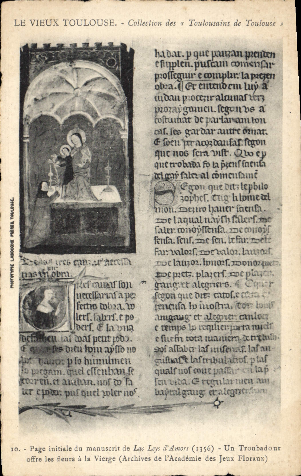 Le Vieux Toulouse — Page initiale du manuscrit de Las Leys d'Amors (1356) — Phototype Laboche Toulouse