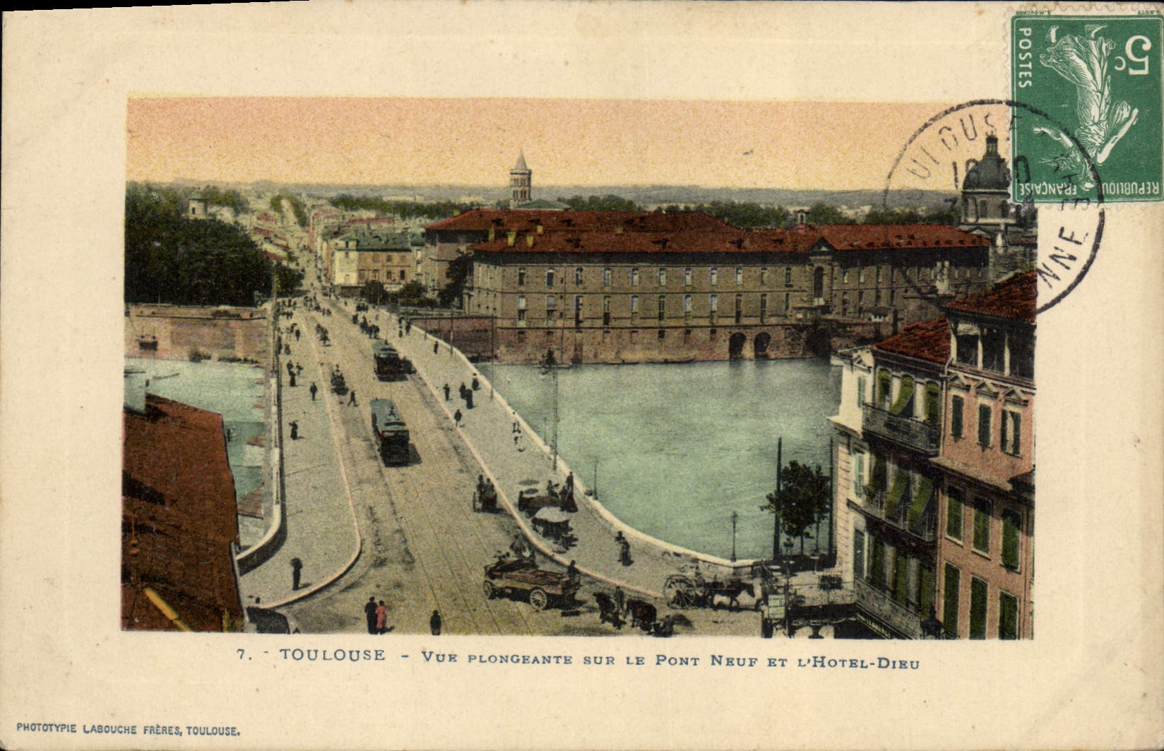 Toulouse - Vue plongeante sur le Pont Neuf et l'Hôtel-Dieu — Phototypie Labouche Frères, Toulouse