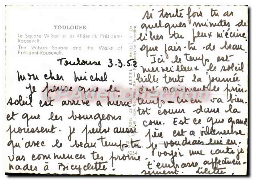 Square Wilson et allées du Président Roosevelt — Toulouse — Éditeur Etel — Verso