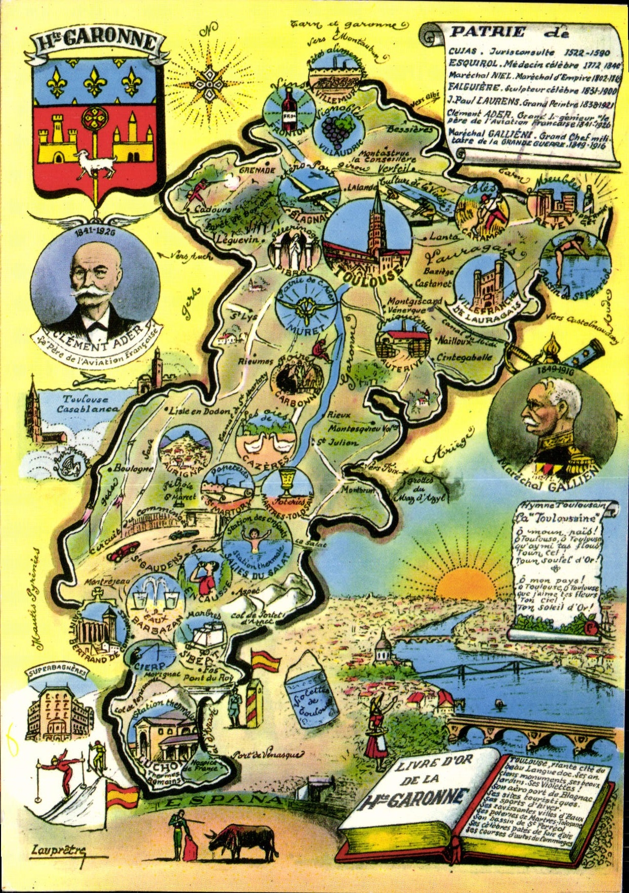 Haute-Garonne — Carte postale illustrée avec carte et figures historiques — Société des Cartes Naturelles de la Haute-Garonne