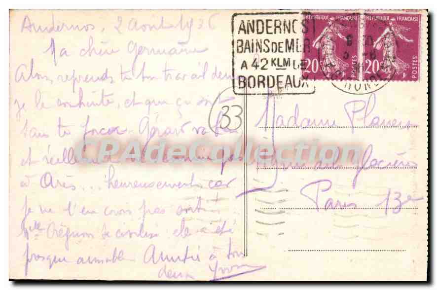 ANDERNOS-les-BAINS (Gironde) — La Plage côté Ouest — Dans le fond, les Quinconces — Éditeur Cim — Rückseite