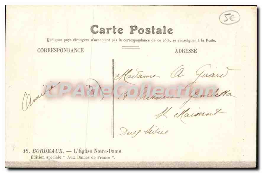 Église Notre-Dame — Bordeaux — Édition spéciale 'Aux Dames de France' par L'Église Notre-Dame — Verso