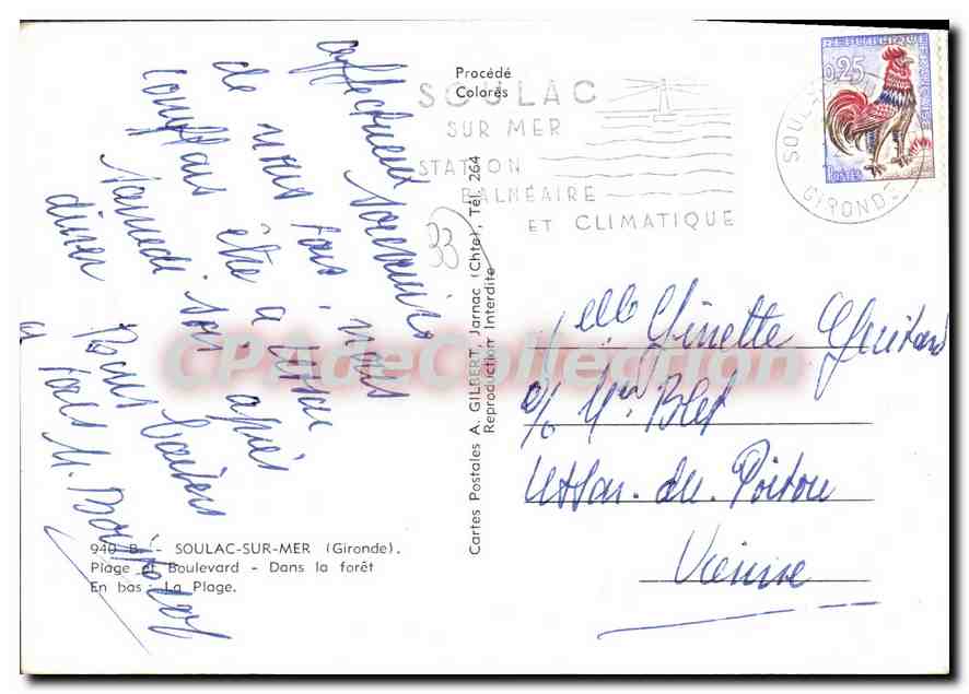 Soulac-sur-Mer — Plage et boulevard — éditeur A. Gilbert, n°940-B — Verso