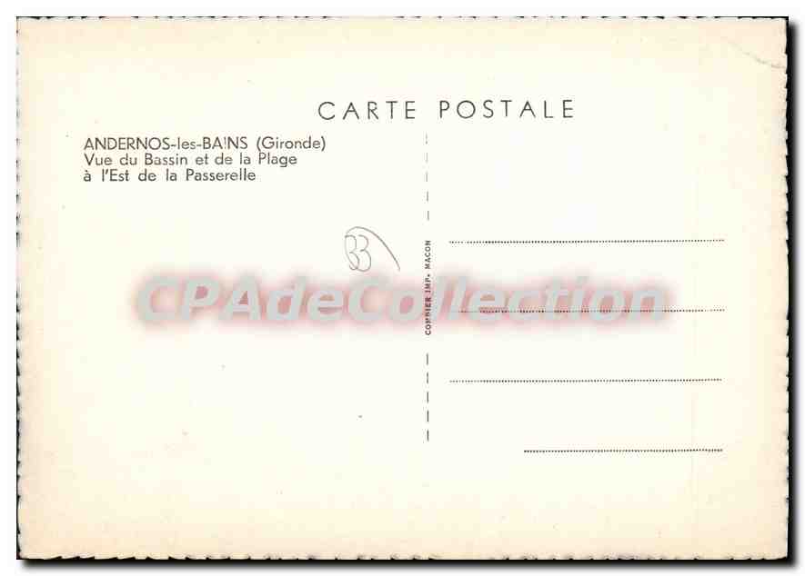 Andernos-les-Bains (Gironde) — Ansicht des Bassins und der Strandfläche östlich der Passereille — Copièrre-Impr. Macon — Rückseite