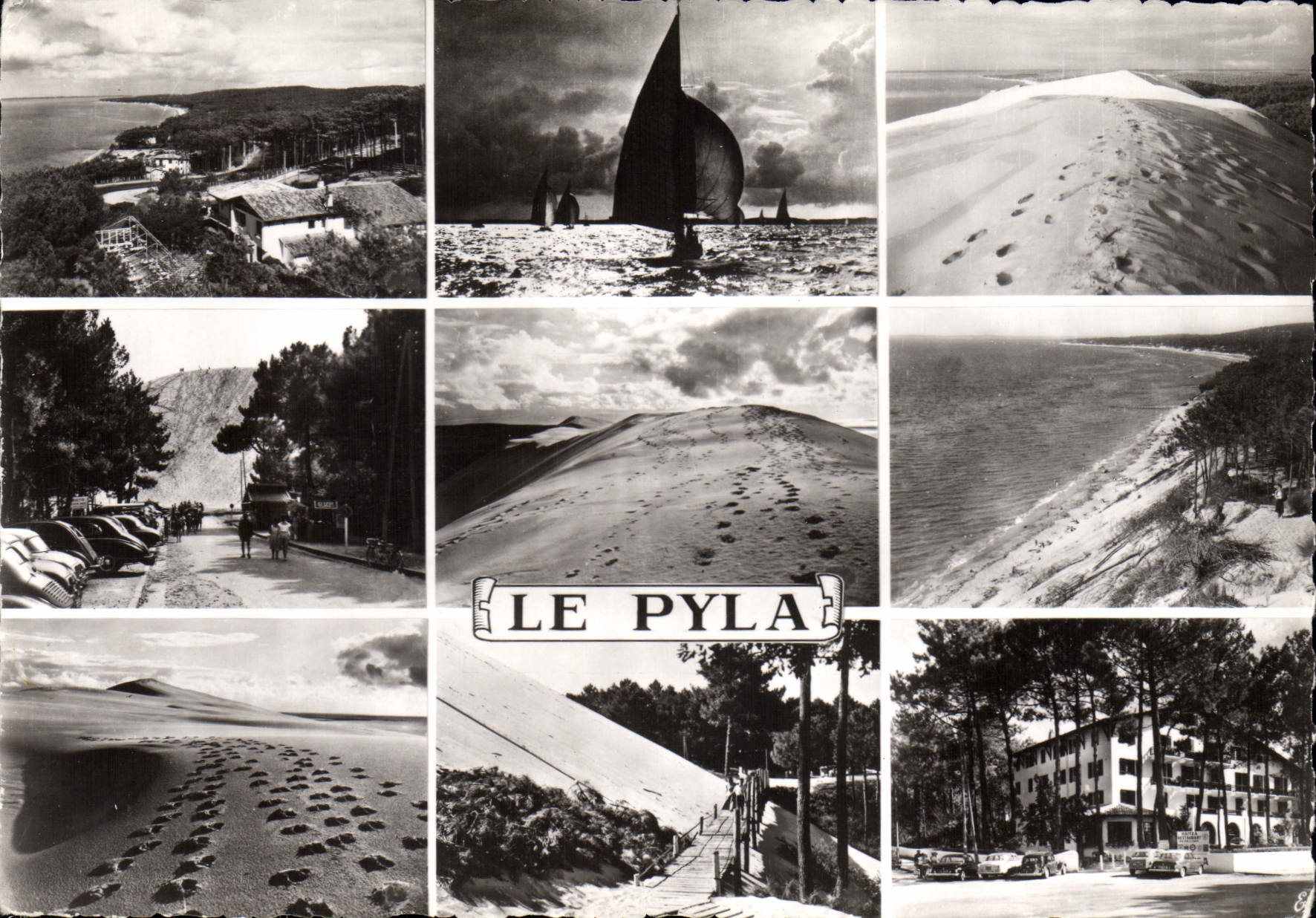 Le Pyla — Dune du Pyla — Vue sur la Corniche, l'Hôtel Haïtza, voitures et voiles
