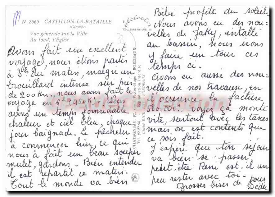Castillon-la-Bataille — Vue générale sur la Ville, au fond l'Église — Éditions Victor-Hugo Bordeaux, n° 2665 — Verso