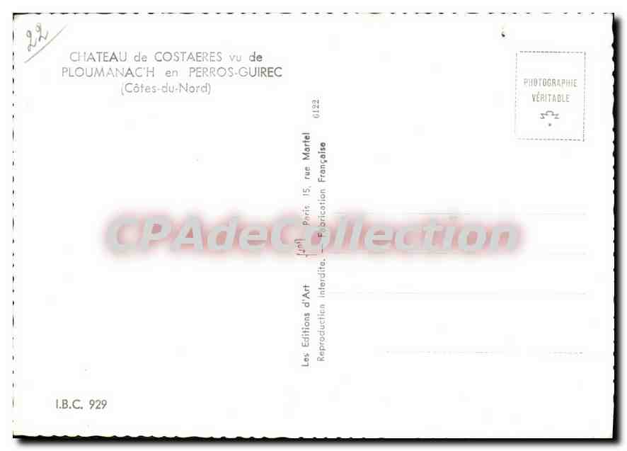 CPSM Ploumanach En Perros Guirec château de Costaeres — Verso