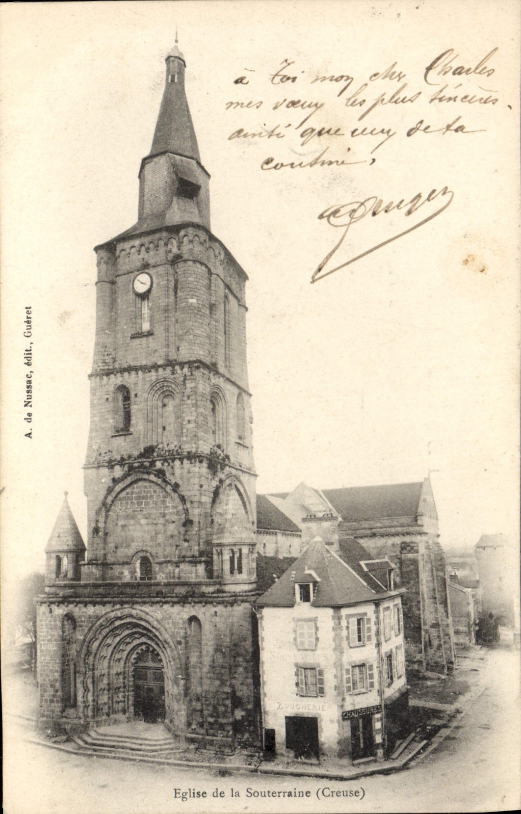 Église de la Souterraine (Creuse) — vue de la tour avec horloge — A. de Nussac, édit. Guéret