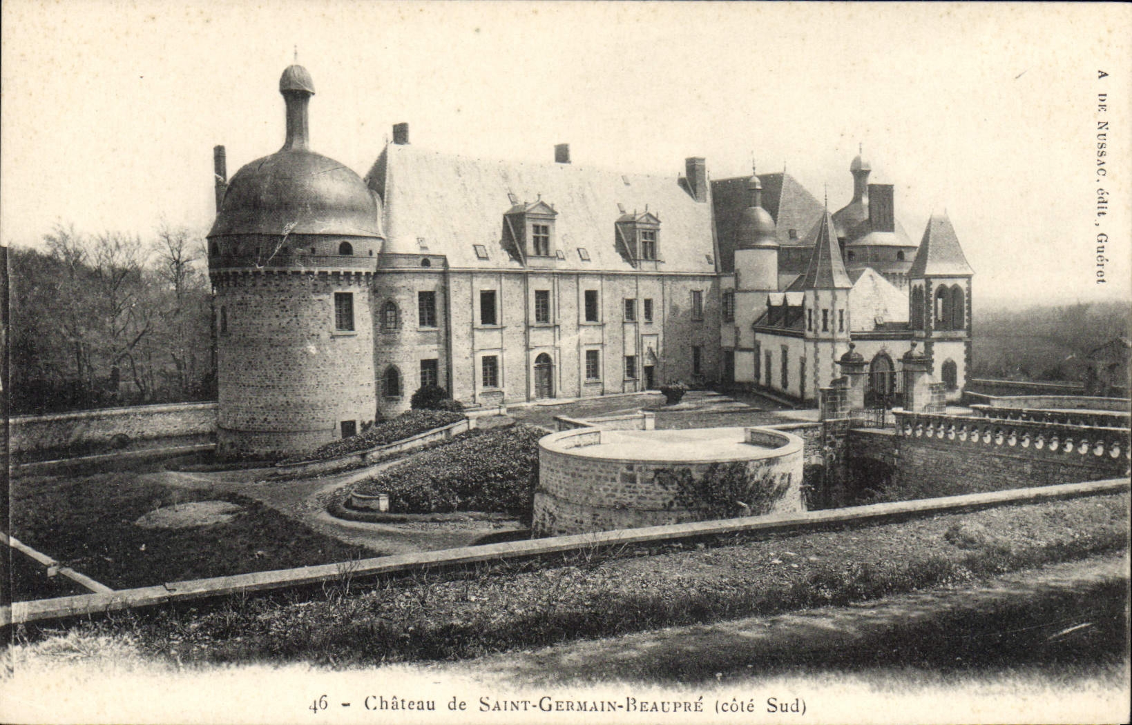 Château de Saint-Germain-Beaupré (côté Sud) — vue du château avec tour ronde et jardin — éditeur A. de Nussac, Grudéac
