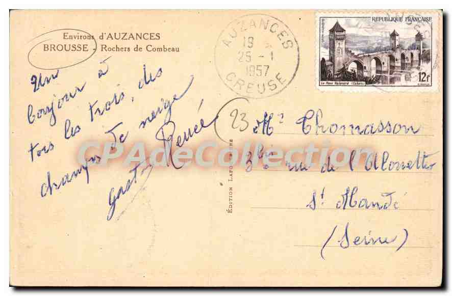 CPA Auzances Brousse Rochers De Combeau — Rückseite