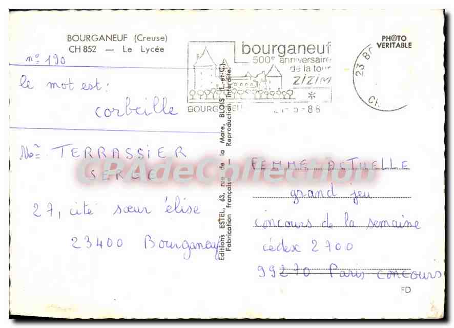 Bourgnaneuf (Creuse) — Le Lycée — Éditeur Estel, n° 190 — Reverso